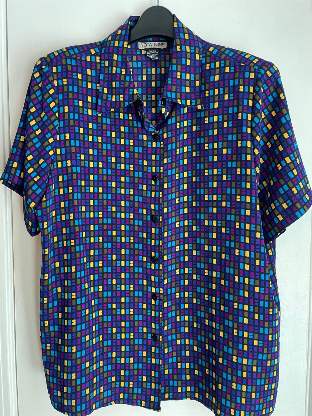 Vintage Notations Multi-Color Geo-Print Short Sleeve Button-Up Shirt 18W